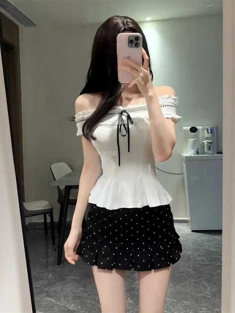 

Summer New Gentle Style Women's Fashion Set Short Skirt One Shoulder Waist Inward Top Half Length Knot Casual Wear