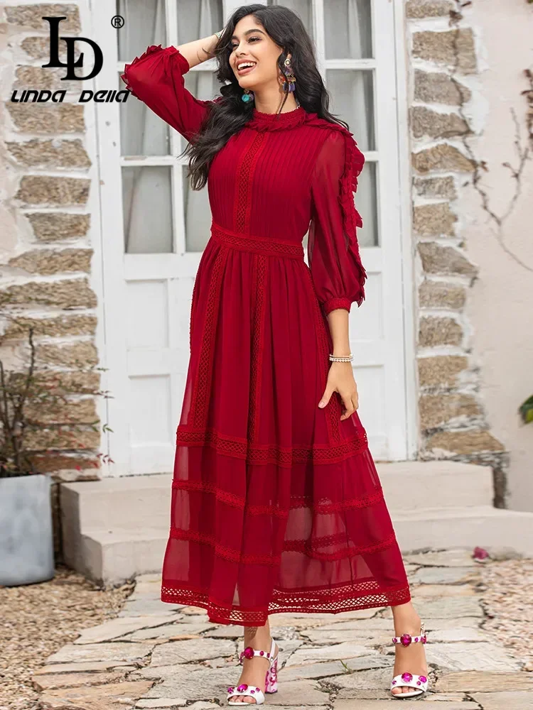 LD LINDA DELLA Designer Runway Summer Dress Mesh Flare Sleeve Lace Ruffle Trim-hem High Waist Big swing Red Party Long Dress