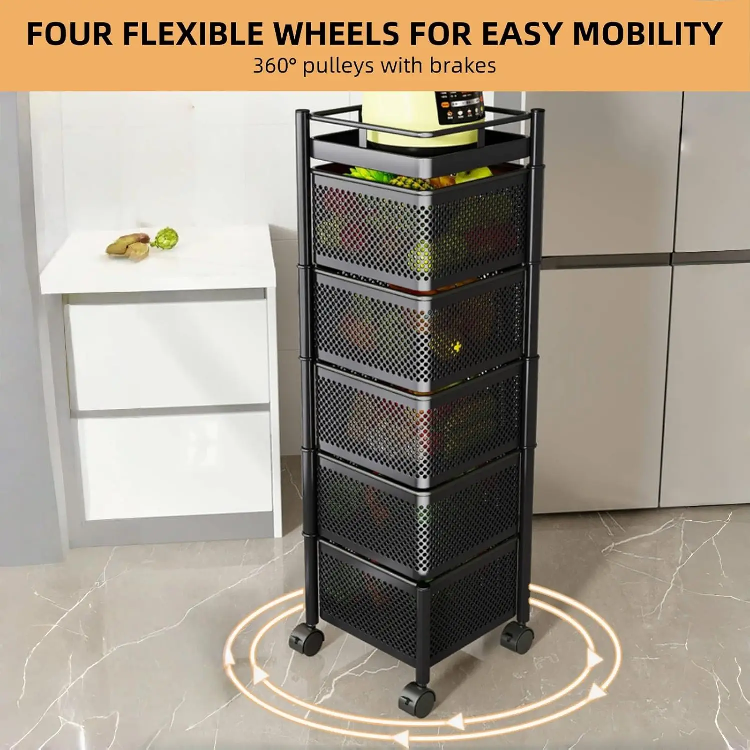 5 Tier Rolling Cart Vegetable Rack for Kitchen Rotating Storage Rack with Swivel Base Mobile Kitchen Cart on Wheels Breathable D 3