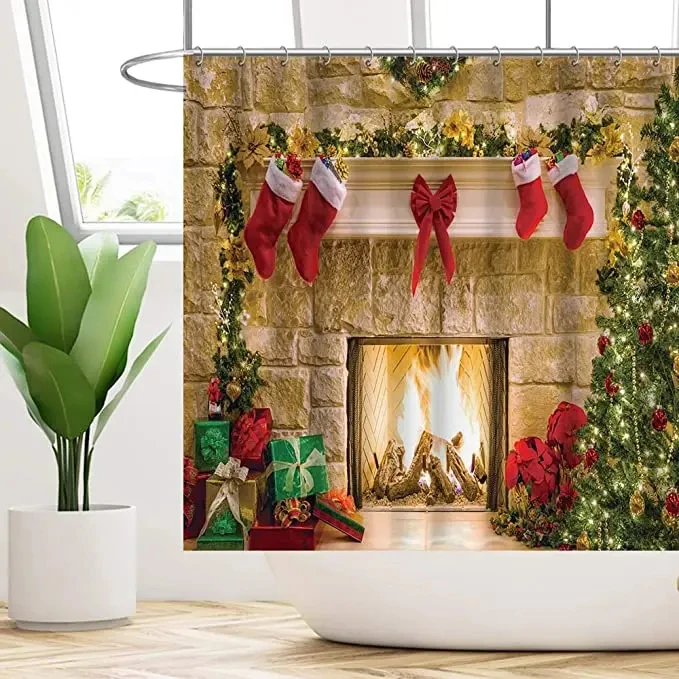 Christmas Shower Curtain Fireplace Gifts&Socks New Year Holiday Bathroom Decor Red Shower Curtains for Christmas Bathroom Sets