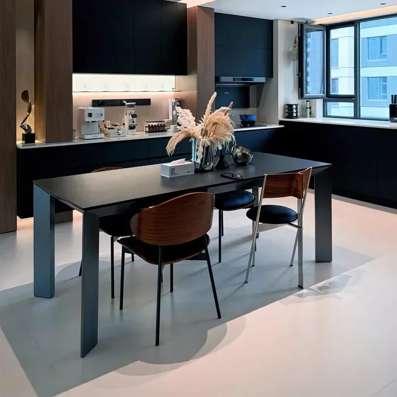 Aurora Black Rock Slab Dining Table Set Italian Minimalist Rectangular Table and Chairs for Small Apartment Home Living Room