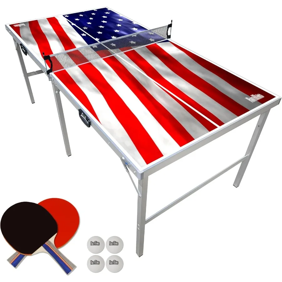 

PartyLife 6 ft x 3 ft Mid-Size Portable Folding Indoor Outdoor Ping Pong Table Tennis Table with Optional LED Lights for and Ad