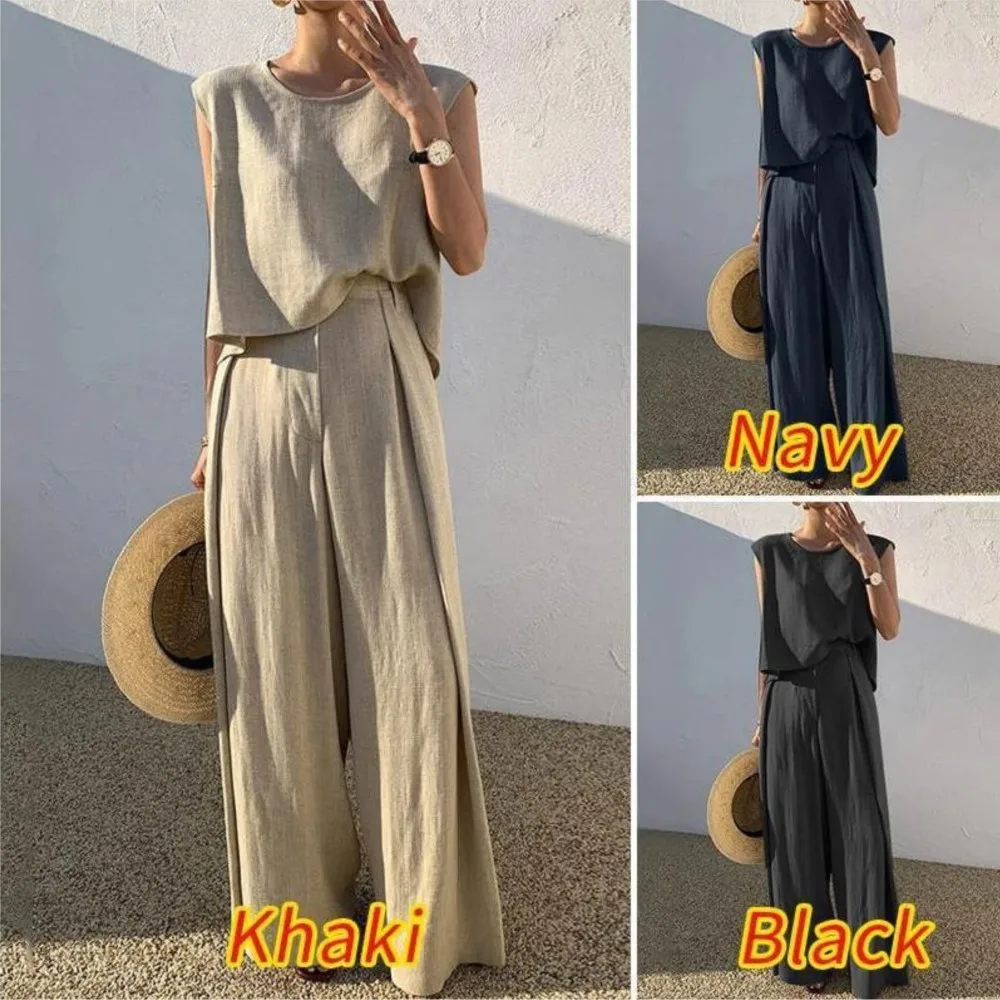 Elegante abito da donna in lino di cotone Casual sciolto in due pezzi senza maniche Top pantaloni a gamba larga abiti donna estate solido elegante