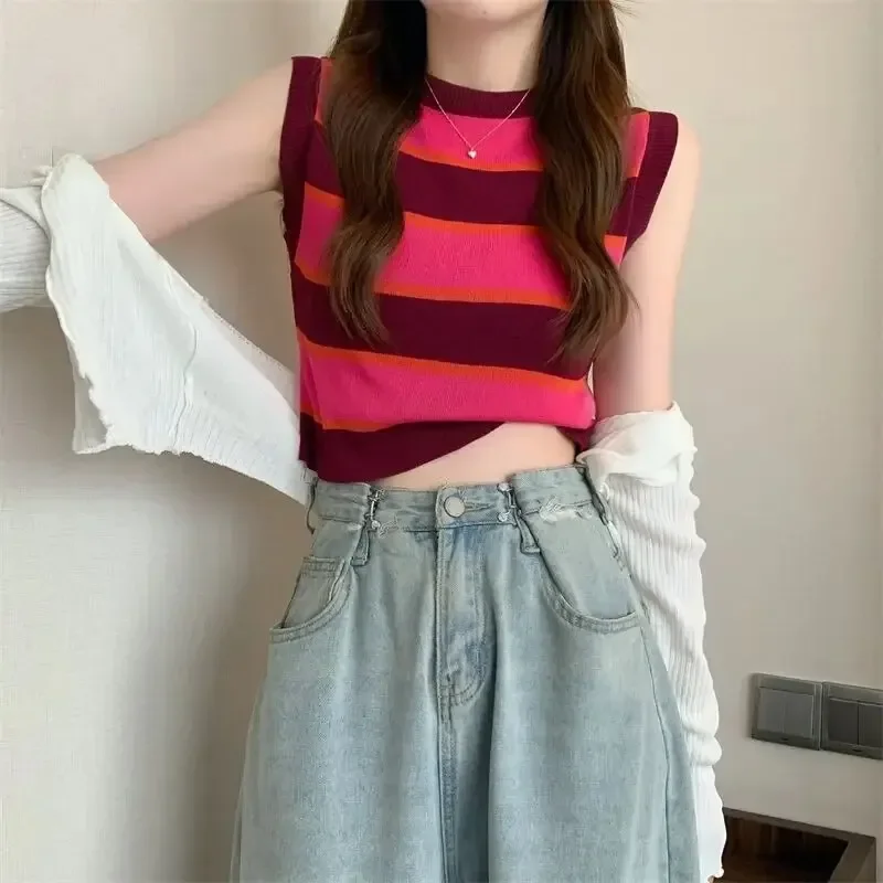 Ice Silk Sleeveless Color Block Knitted T-Shirt Vest Women Summer Chic Elastic High Waist Thin Version Short Slim Fit