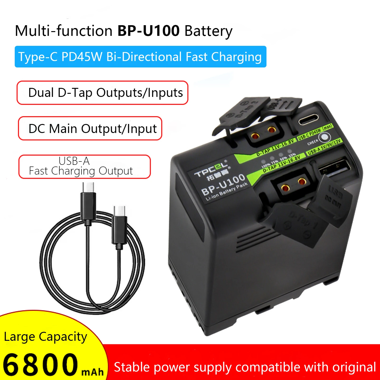 BP-U100 Battery with PD45W Fast Charging for Sony Z280 FS5 7 FX6 Z190 EX1R EX200 BP-U30 U60 U70 U90