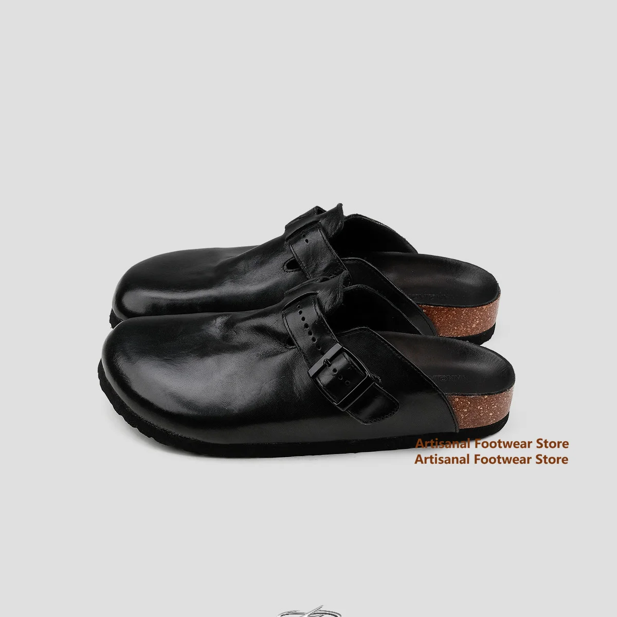 Black Leather Closed Toe Mules Slippers Adjustable Strap Buckle Anti-Slip Slip On Slides Casual Shoes Trendy Men's Shoes