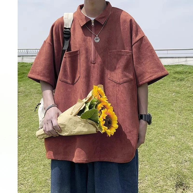 

Muszoom deerskin short sleeved men polo shirt summer oversize European and American trendy brand t-shirt handsome half sleeved