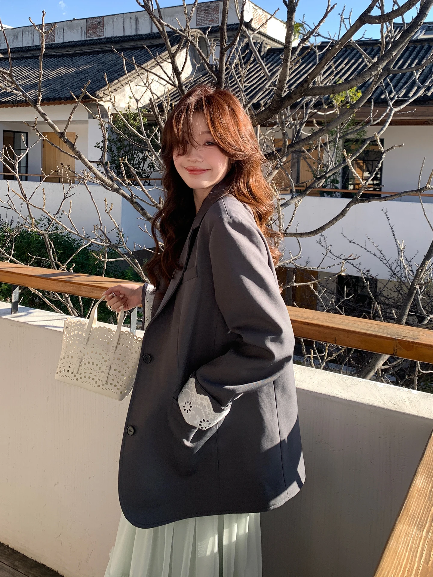 

ay High nce Korean Sle Suit Jaet Hollow out Sve Flip Loose Fit Korean Version Outerwear Commuting Seoul