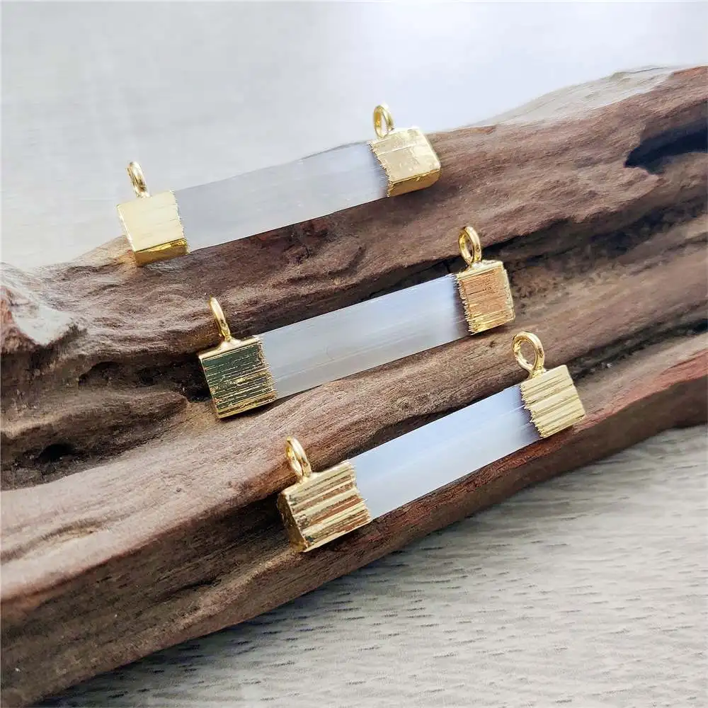 FUWO Wholesale Natural Selenite Bar Pendants Golden Plated Crystal Accessories For Women Jewelry Making PD481 5PCS/Lot