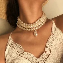 Elegant Irregular Imitation Pearl Choker Necklace Women Bride Multilayer Clavicle Chain Aesthetic Neck Jewelry Wed Accessories