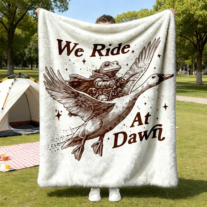 We Ride At Dawn Flannel Blanket, Frog Riding Goose Flannel Throw, Funny Fantasy Meme, Chaotic Animal
