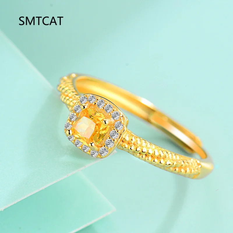 

925 Sterling Silver High Carbon Citrine Diamond Gemstone Wedding Engagement Square Sugar Ring Fine Jewelry Gift Wholesale