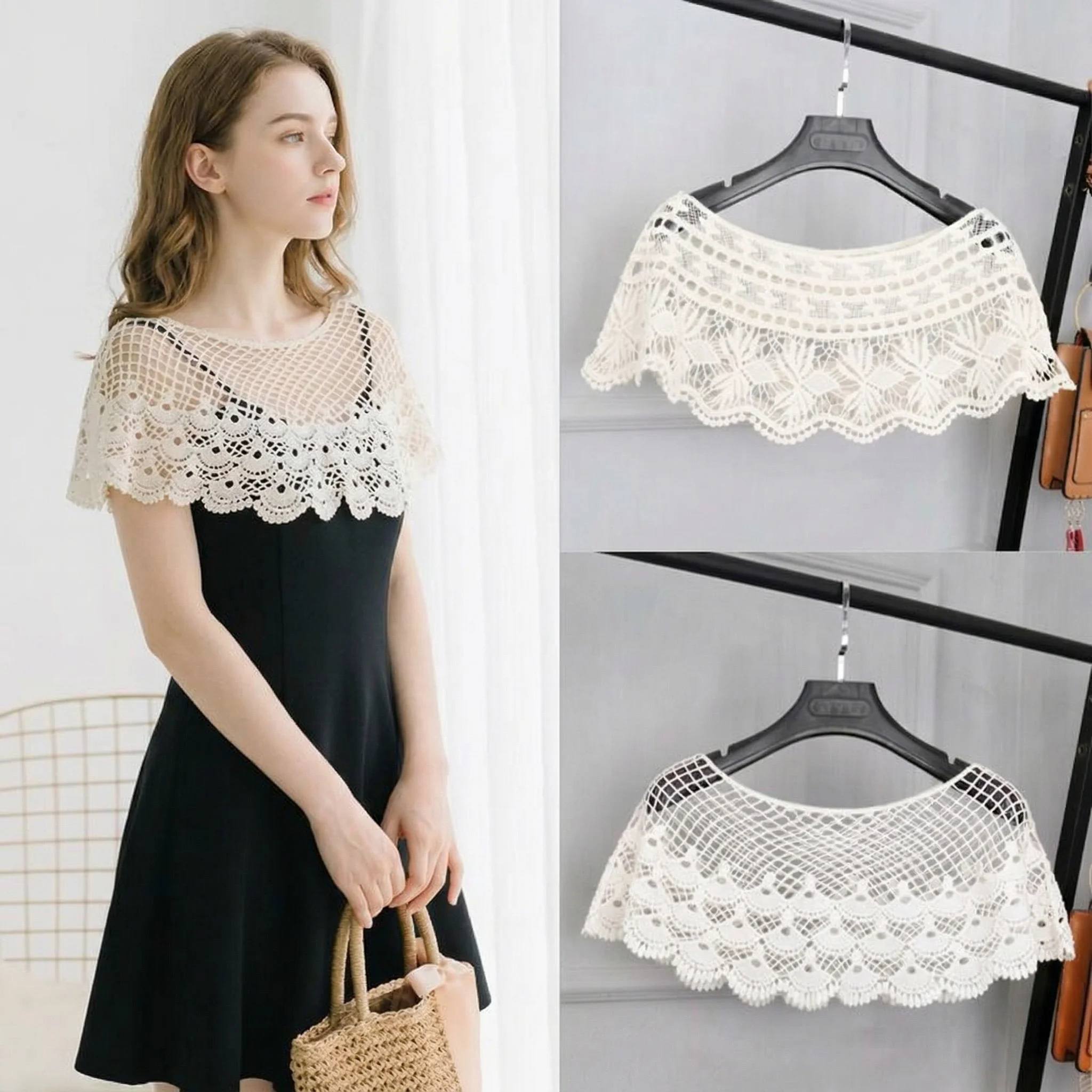 

Crochet Lace Bolero Shrug for Women White Crochet Shawl Wrap Hollow Out Capelet for Wedding Bridal Evening Party Dress Cover Up