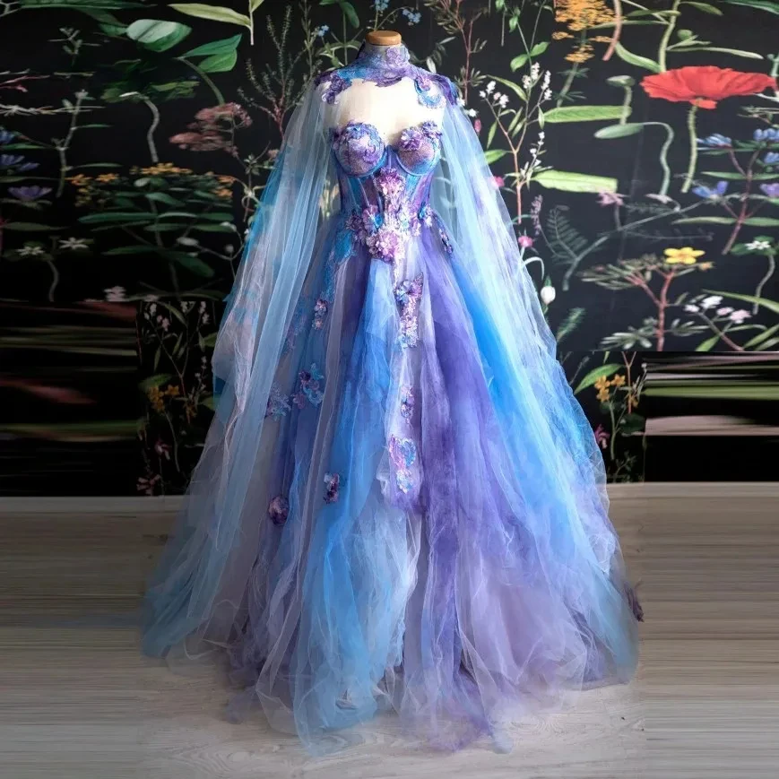 

Colorful Fairy Tulle Prom Dress with Cape Floral Applique Sweetheart Layered Puffy Long Evening Party Gowns Robes De Soirée