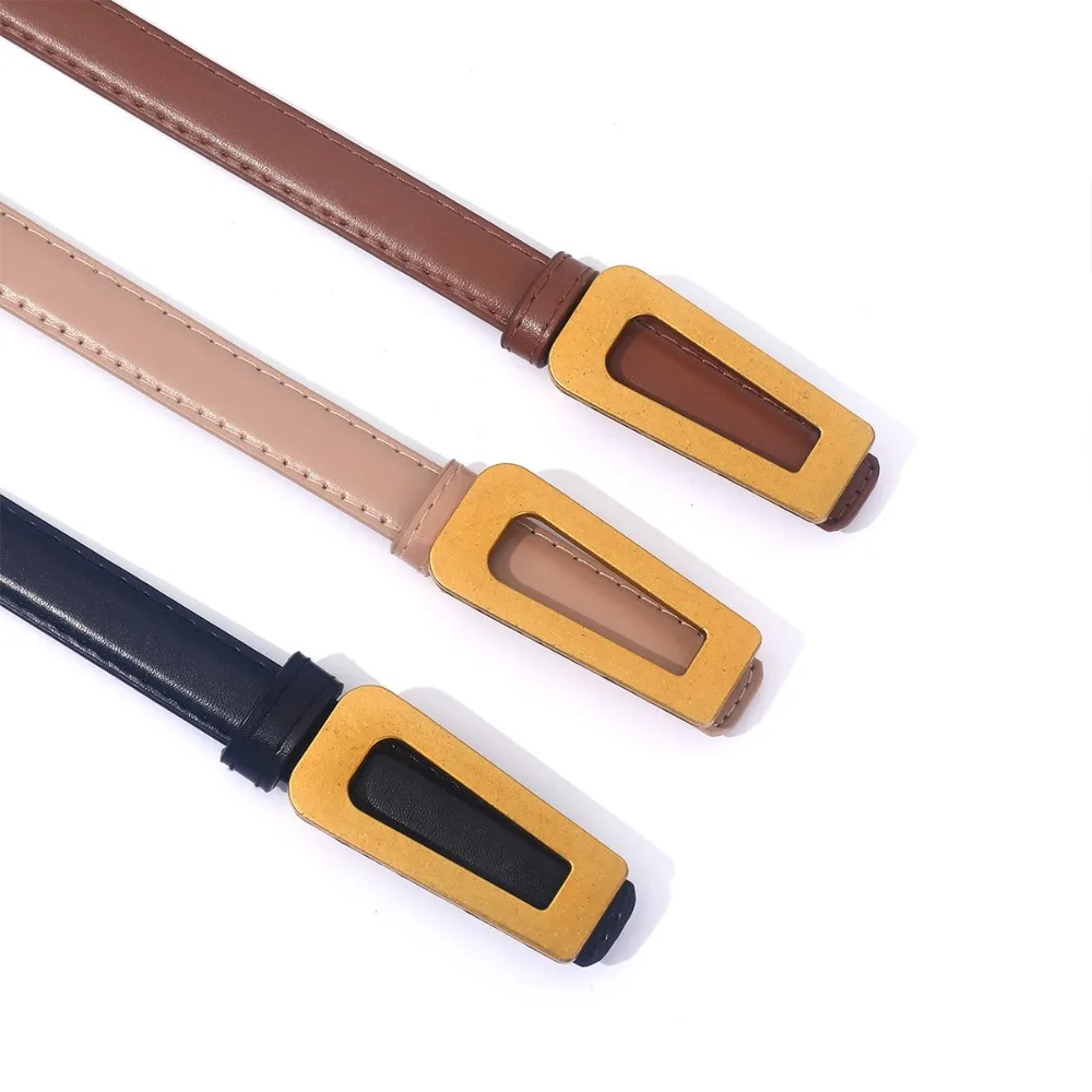 

Модные ремни для женщин 19 мм, тонкий сшитый полиуретановый ремешок золотого цвета с металлической пряжкой, универсальные ремни