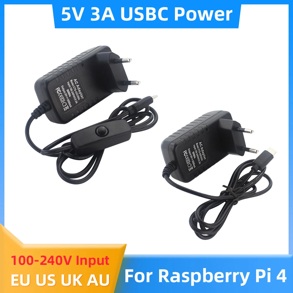 Raspberry Pi 4 Power Supply 5V 3A USB Type C Switch Power Adapter EU US UK AU Plug Power Adapter for Orange Pi 3 4 LTS Pi 4B