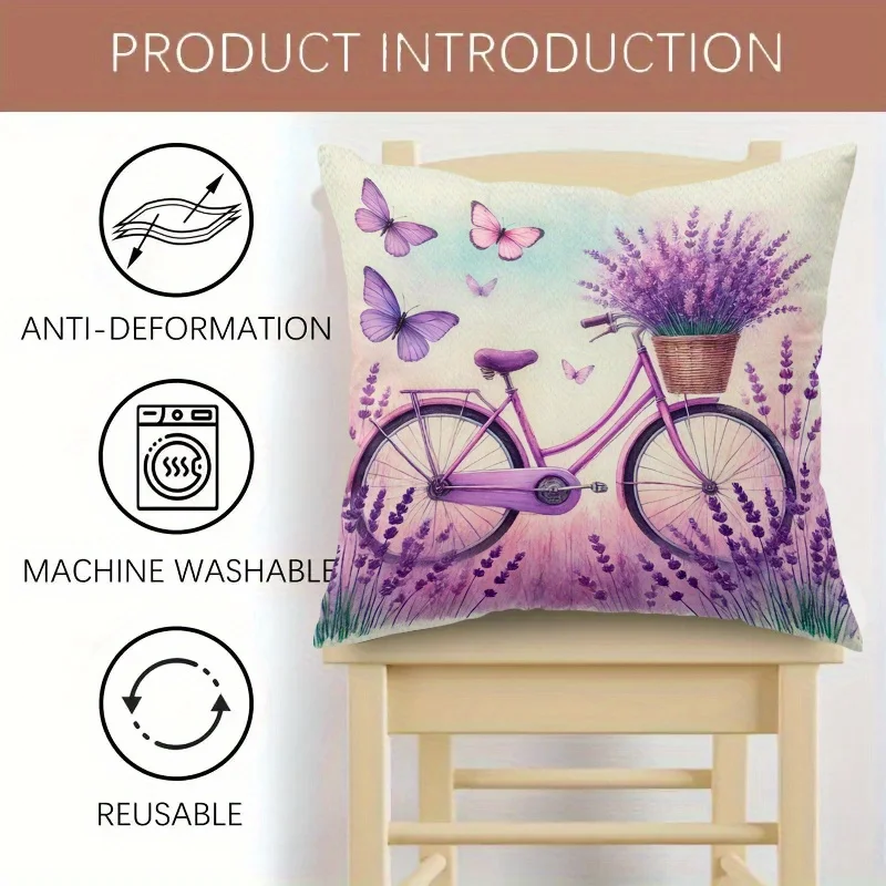 1pc 2D Flat (Pillow Not Included) Purple Bicycle Lavender Butterflies Cushion Cover Short Plush Spring Garden Decor Throw Pillow