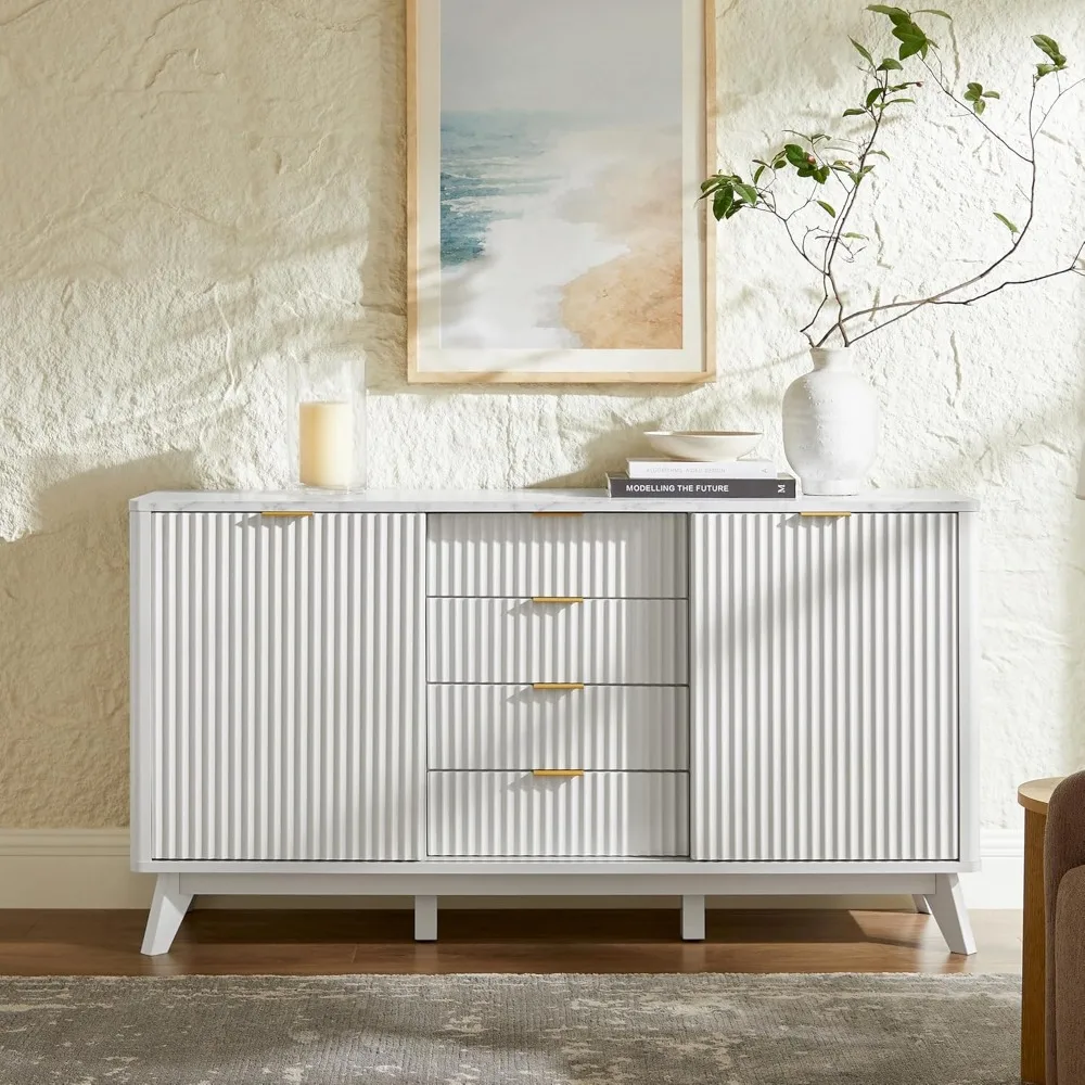 Komoda nowoczesna z rowkowanym wykończeniem, 60 cali, z przesuwnymi drzwiami, blatem z imitacji marmuru, 4 szufladami, zakrzywionym kształtem, komoda/stojak pod telewizor.