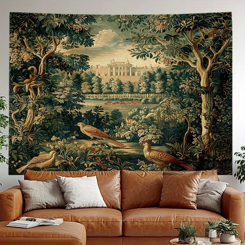 Luxurious Renaissance Peacock Garden Tapestry Wall Hanging European Landscape Artwork Polyester Decor Print for Home Room Decor
