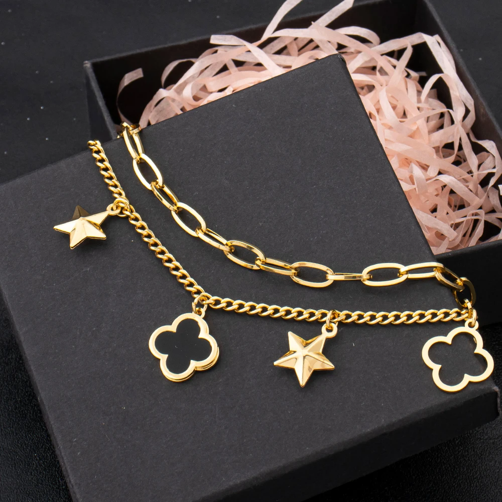 Charm-Armband Dubai Vergoldeter Edelstahl Schwarze Emaille Ineinandergreifende Kette Stern-Motiv Glücksbringer Schmuck-Accessoires 5-teiliges Set – Detail 5