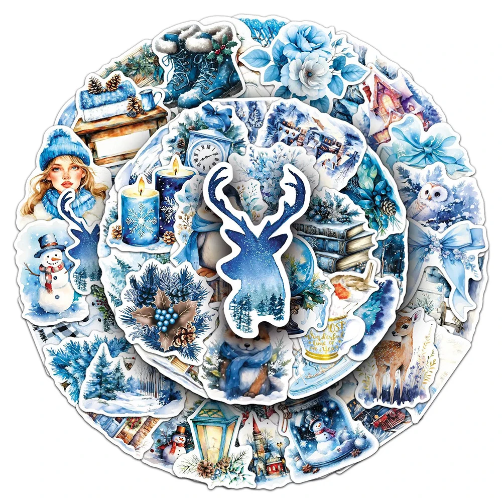 

10/30/50pcs Blue Winter Christmas Aesthetic Stickers Cute Cartoon Waterproof Decals DIY Suitcase Guitar Scrapbook Sticker Decor