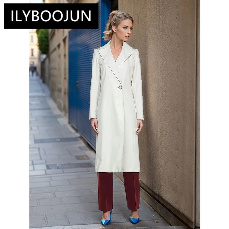 

ILYBOOJUN Minimalist White Women's Trench Coat V Neck Long Sleeve Straight Button Long Female Coat Autumn 2024 Fashion New