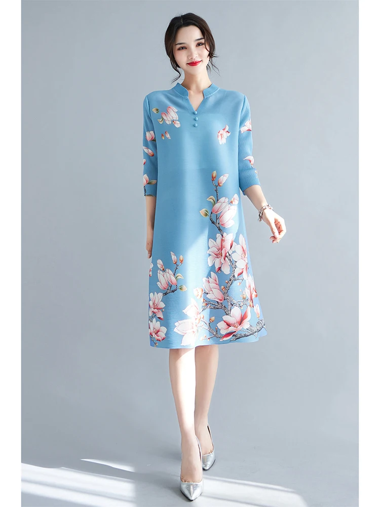 

Women Fold Dress 2024 New Early Autumn Printed Skirt Mom Dress Temperament Large Size New Chinese Dress Loose Cheongsam Skirt