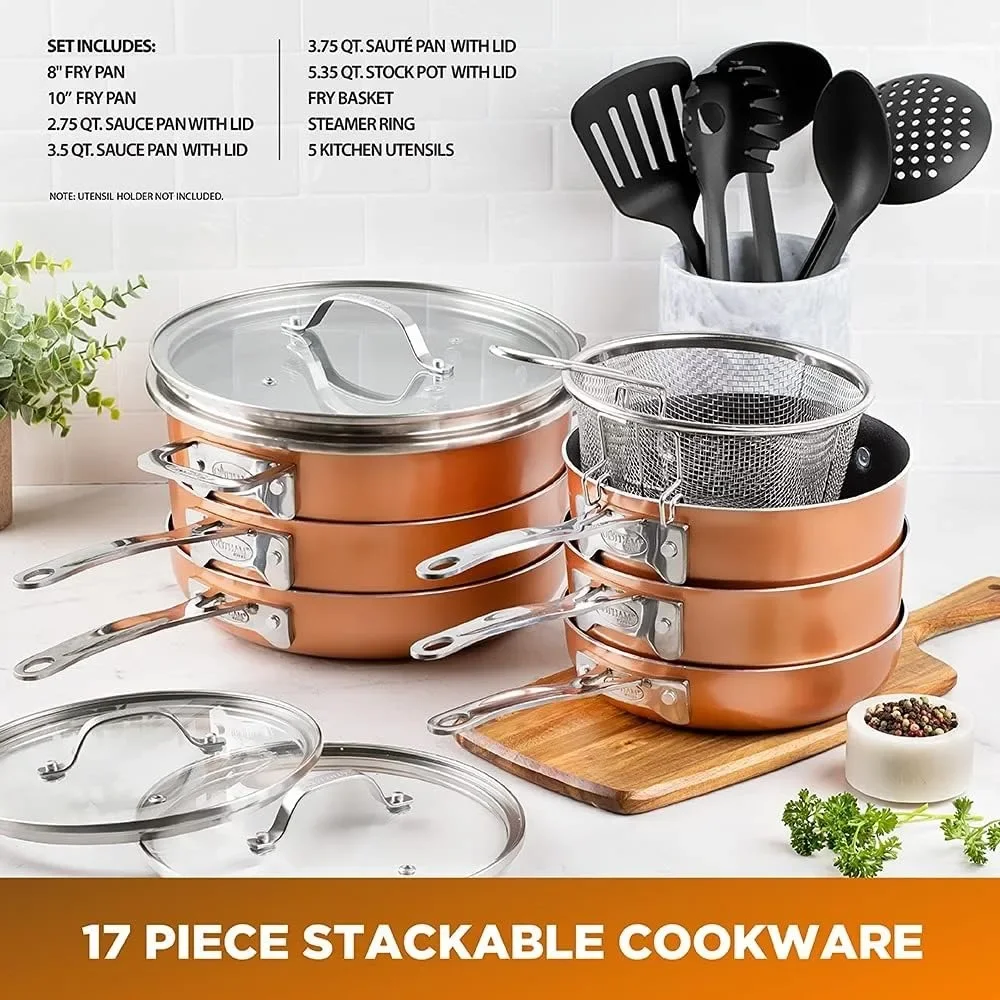 Stackmaster Nonstick Pots & Pans Set, 17 Piece Copper Stackable Space Saving Cookware Set, As Seen on TV Cookware,PFOA Free,