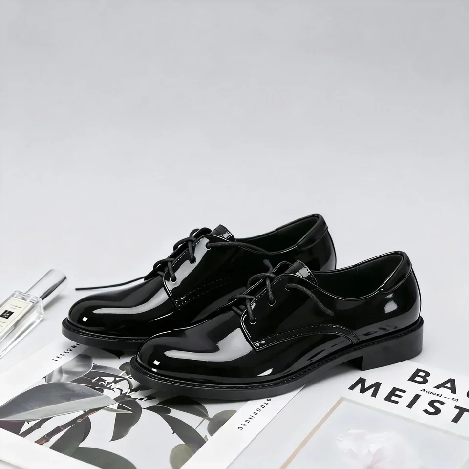 Damen Oxford Flats Brogue Leder Schwarze Büroschuhe Frühling Herbst Bequeme Außensohle Damen Ballett Derby Flats – Detail 12
