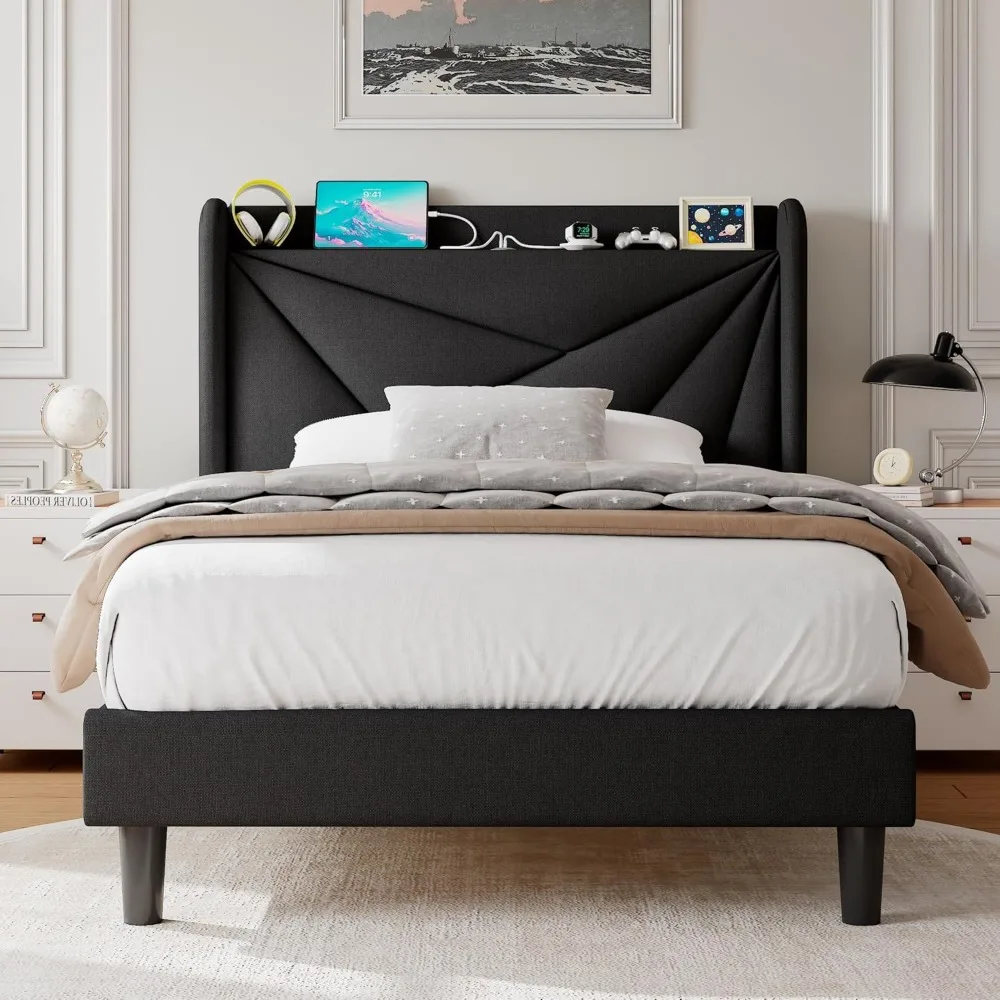 

Twin Size Upholstered Bed Frame with Charging Station, Platform Bed Frame with Storage Headboard, Solid Wood Slats Support