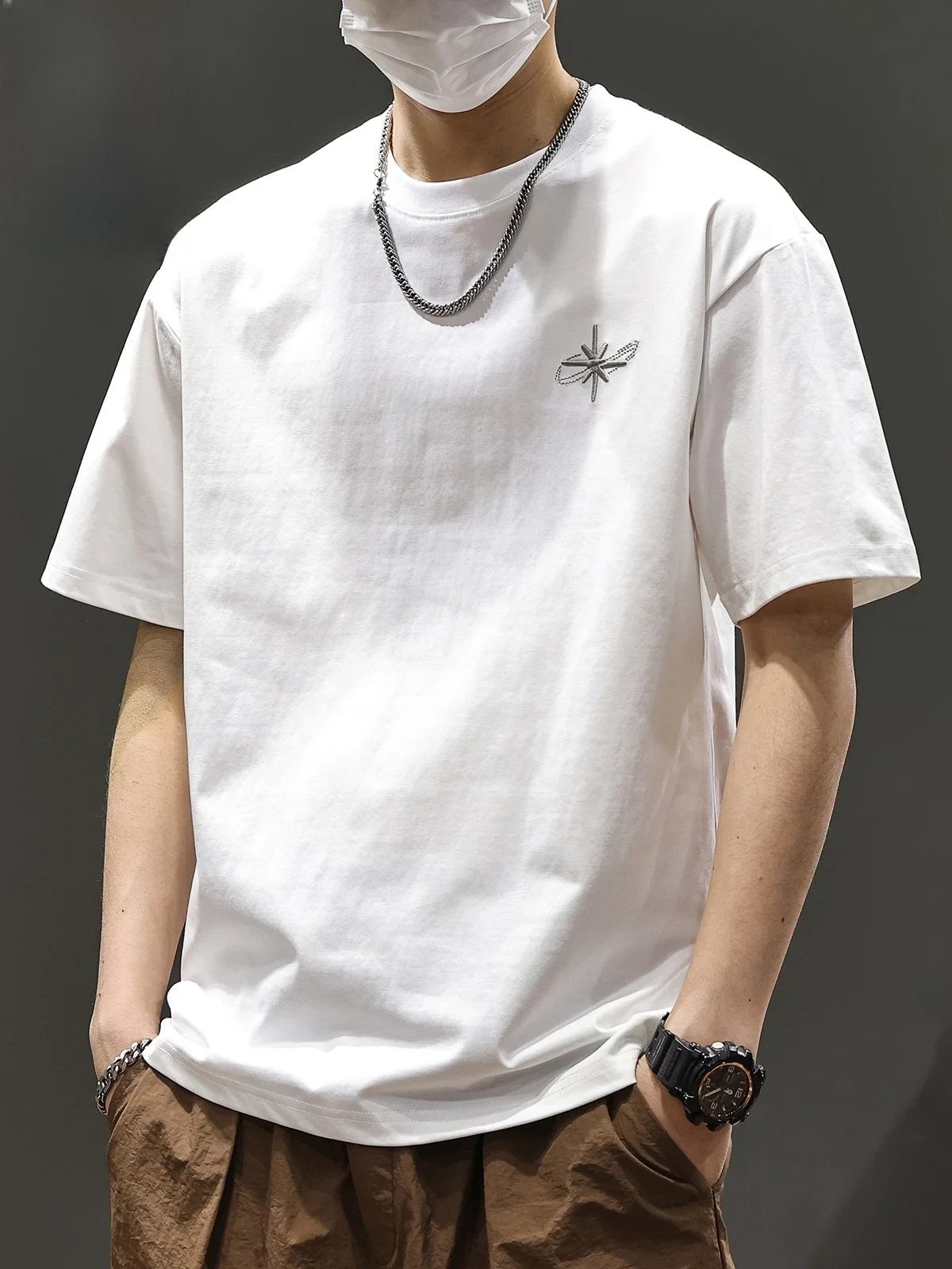 

Мужская трендовая футболка Heavyweight с вышивкой в стиле High Street, летняя повседневная, из хлопка и полиэстера, с круглым вырезом