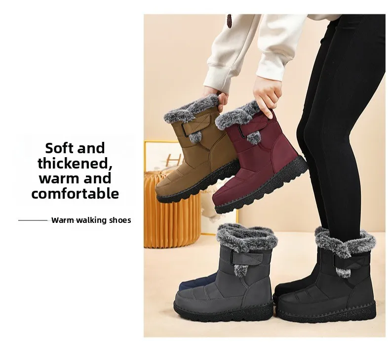 Damen-Schneestiefel bis zur Mitte der Wade, warm, mit Plüschfleece gefüttert, mit Klettverschluss, Pompon-Dekor, rutschfeste dicke Sohle, Winter-Freizeitschuhe für kaltes Wetter. – Detail 7