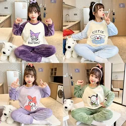 Conjunto de pijamas de franela para niños, ropa de dormir cálida de invierno, Miniso, Kawaii, Anime, Kuromi Melody, Cinnamoroll, Pochacco