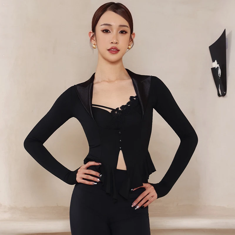 

Черный топ с длинными рукавами для латинских танцев, кардиган для бальных танцев, женские топы для самбы, латинских танцев, одежда для взрослых, одежда для латинских танцев DW11181