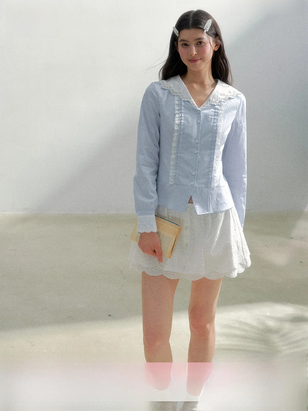 

Весенняя женская рубашка с вышивкой и воротником в морском стиле, из хлопка, с длинным рукавом, приталенная, в стиле ретро, SunsetPark