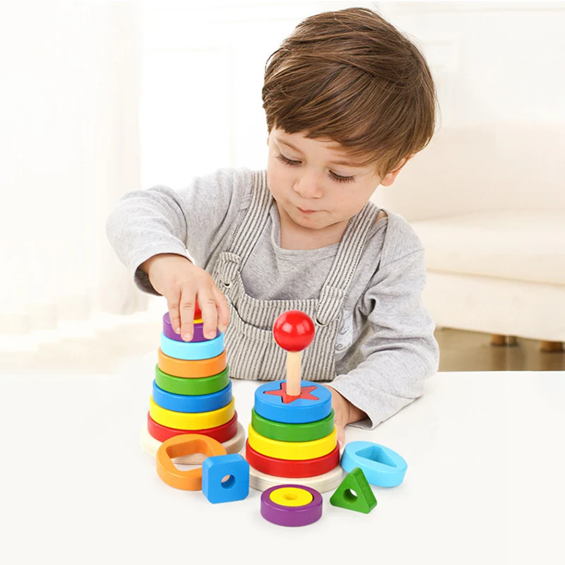Wooden Geometric Round Stacking Montessori Toys Building Blocks Early Education Montessori 3D Puzzle Shape Rainbow Toys
