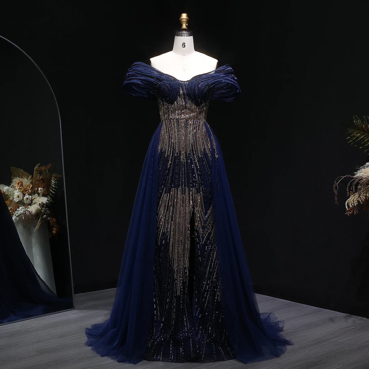 Sharon Said Schwarzes Meerjungfrauen-Abendkleid, langes, elegantes, schulterfreies Ballkleid mit Überrock, Perlenstickerei, arabisches Abendkleid, SS717, individuell anpassbar – Detail 5