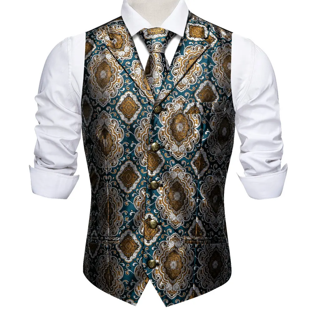 Retro Business Mens Suit Vest Lapel V Neck Silk Casual Green Gold Waistcoat Casual Formal Groomsman Jacket For Men Wedding