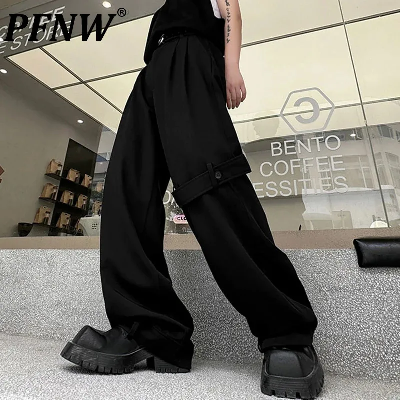 PFNW Woven Belt Decoration Men's Pants Solid Color New Stylish Straight Trouser Hem Pocket Men Straight Bottoms Trendy 28W3293