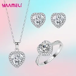 Romatic Birthday Valentines Day Gift Luxury 925 Sterling Silver Jewelry Sets Full Cubic Zircon Heart Ring Necklace Earrings