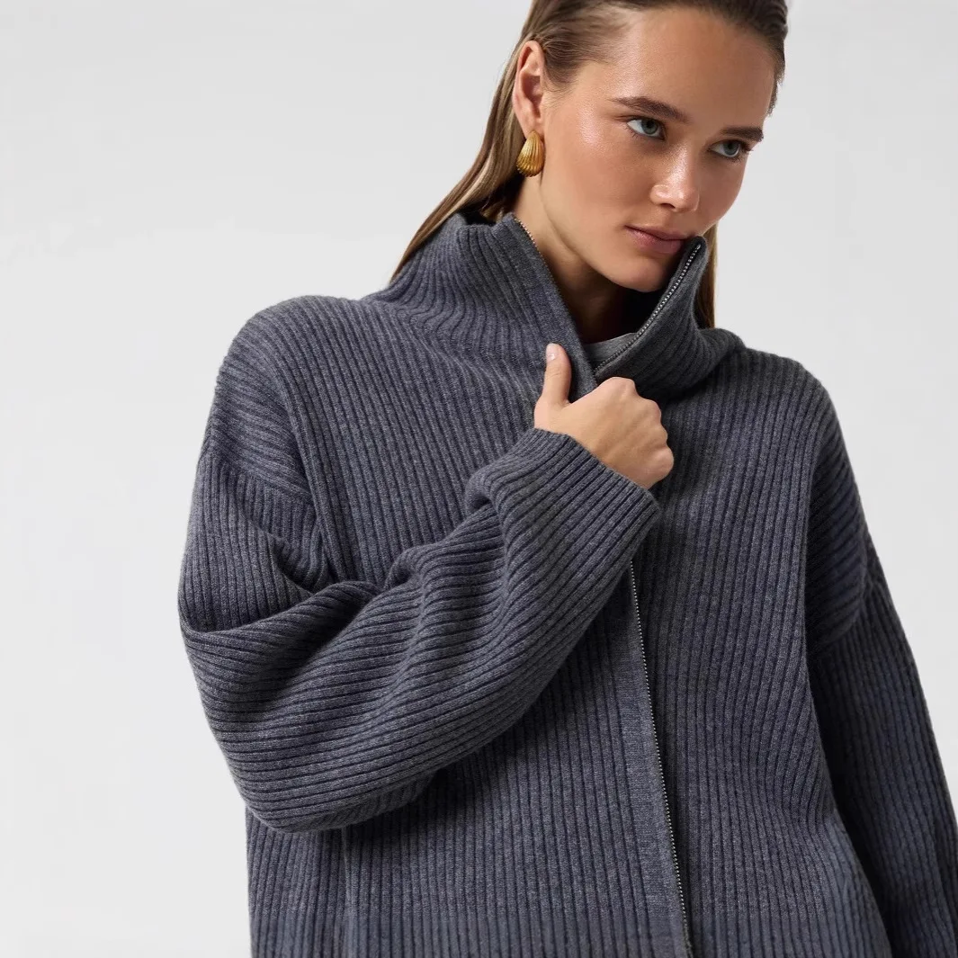 

Turtleneck Cardigans Women Long Sleeves Autumn Winter Knitted Sweaters Dark Gray Jackets Knitwear Women's Cardigans