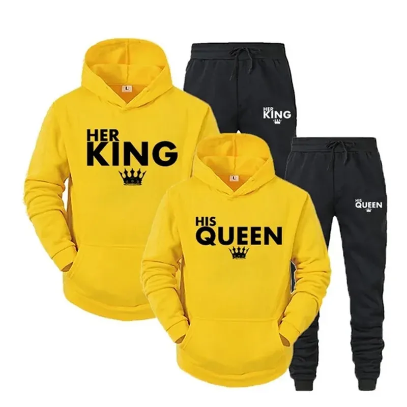 Lover Her QUEEN or His KING Printed Tracksuits Couple Hoodies Outfit Suits Casual Hooded Sweatshirt + Sweatpants Two Piece Set