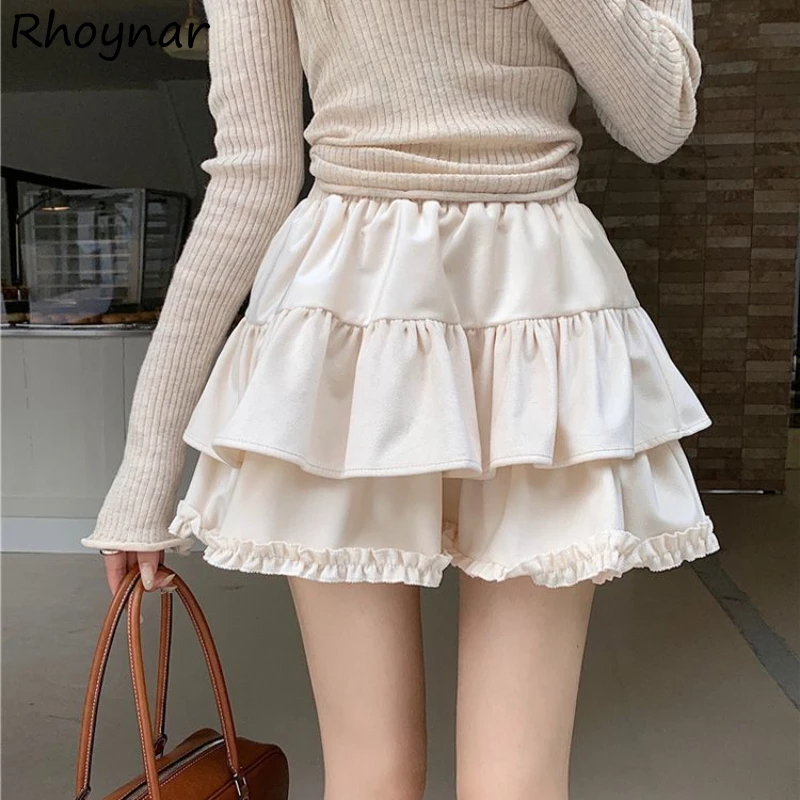 

Puffy Cake Skirts Women Solid Gentle Ruched Ruffle Elastic High Waist Sweet Kawaii Girls Japanese Style Safety Summer All-match