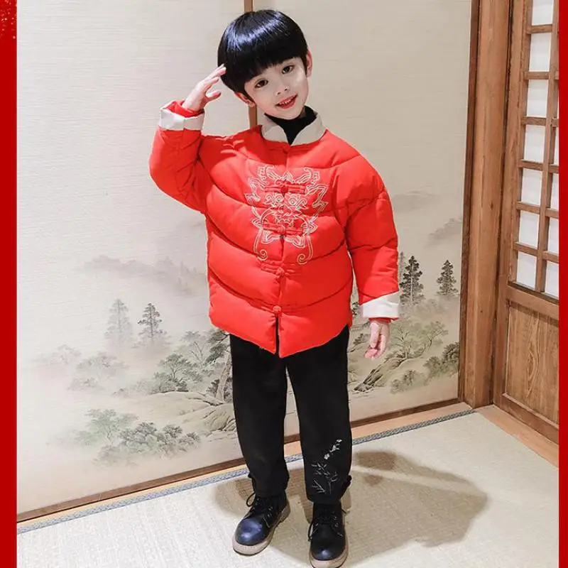 

Boys New Year Greeting Winter Thick Warm Embroidery Dragon Hanfu Chinese Style Vintage Tang Top Role Play Costume Retro Coat