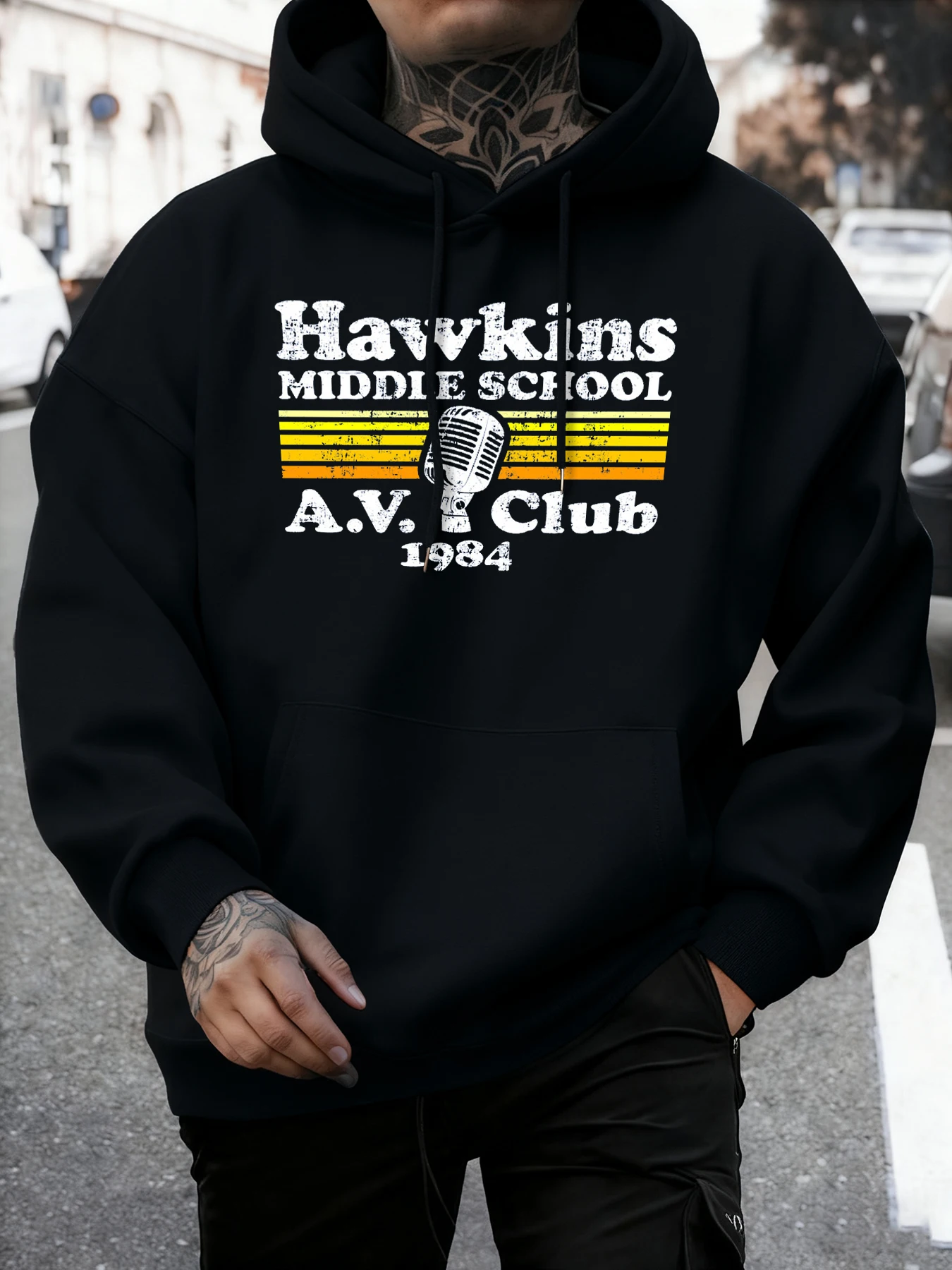 Hawkins Middle School A.V. Club Print Men'S Autumn Fashion Hoodie Loose Basics Sweatshirts Street Fleece Pullovers Sport Clothes