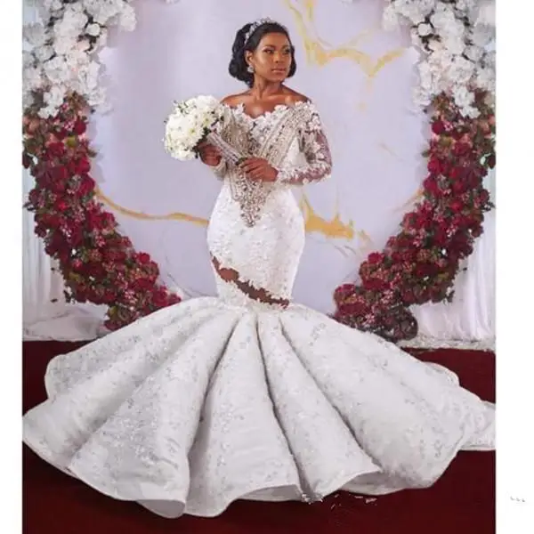 Crystal African Off Shoulder Mermaid Wedding Dresses Luxury Long Sleeves Aso Ebi Nigerian Open Back Sheer Lace Bridal Gown