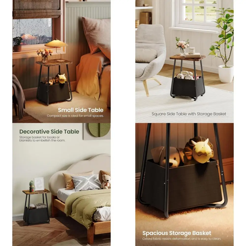 

Компактный тканевый приставной столик-корзина, коричневый в деревенском стиле, идеально подходящий для небольших помещений, детских помещений, гостиных и спален