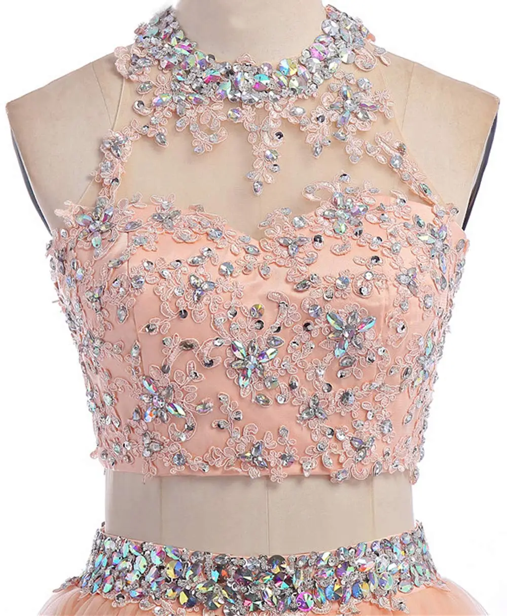 Abito da ritorno a casa in due pezzi Abiti da damigella d'onore corti con perline in tulle Abito da ballo con paillettes applicate in pizzo per donna