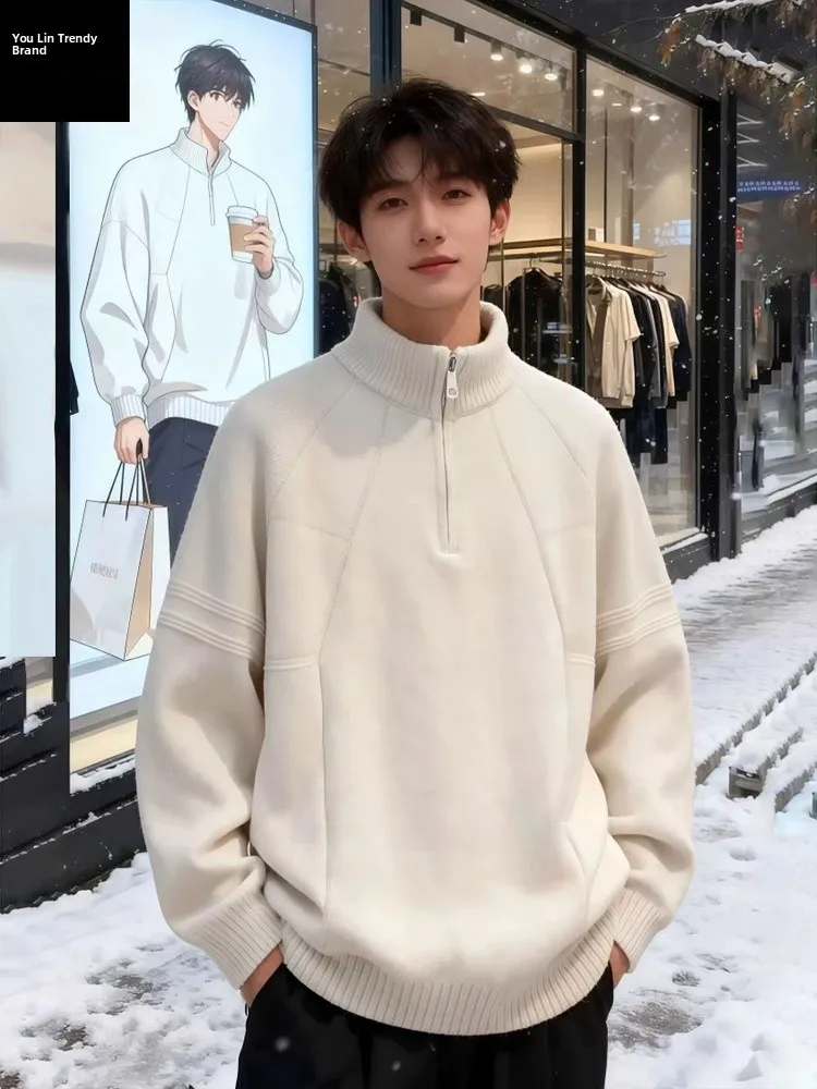 

Мужской вязаный свитер American Sle Thiened с воротником-стойкой на молнии, зимний повседневный базовый слой, удобный свободный крой