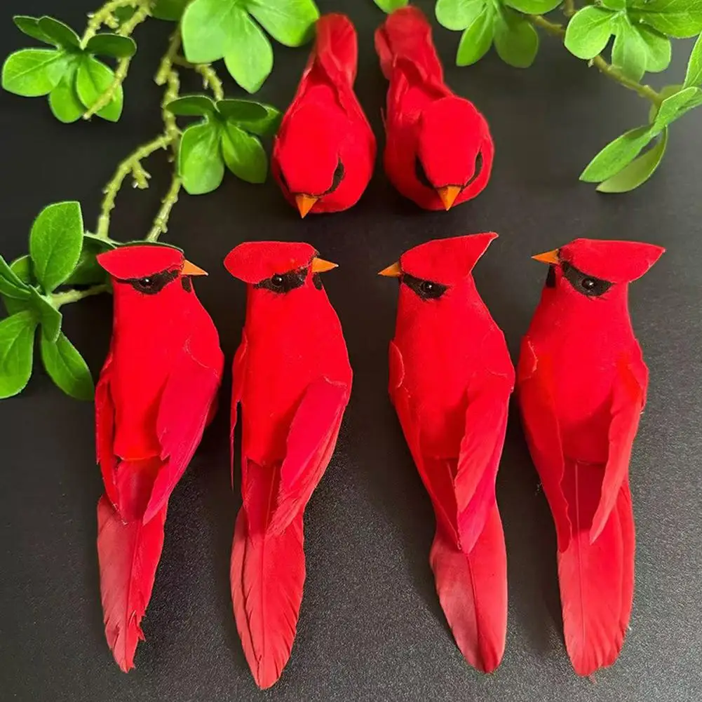 3 Pcs Artificial Red Feather Bird,Modern Jungle Garden Home Decoration,Hanging Ornament for Room and Garden Holiday Decoration